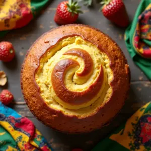 Torta de Liquidificador Doce Rápida e Fácil De Fazer Torta de liquidificador doce recém-assada com decoração brasileira.