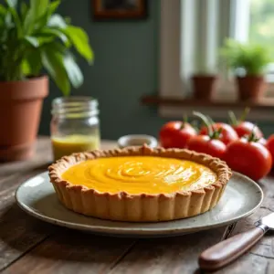 Torta de liquidificador salgada e doce caseira em mesa de madeira rústica.