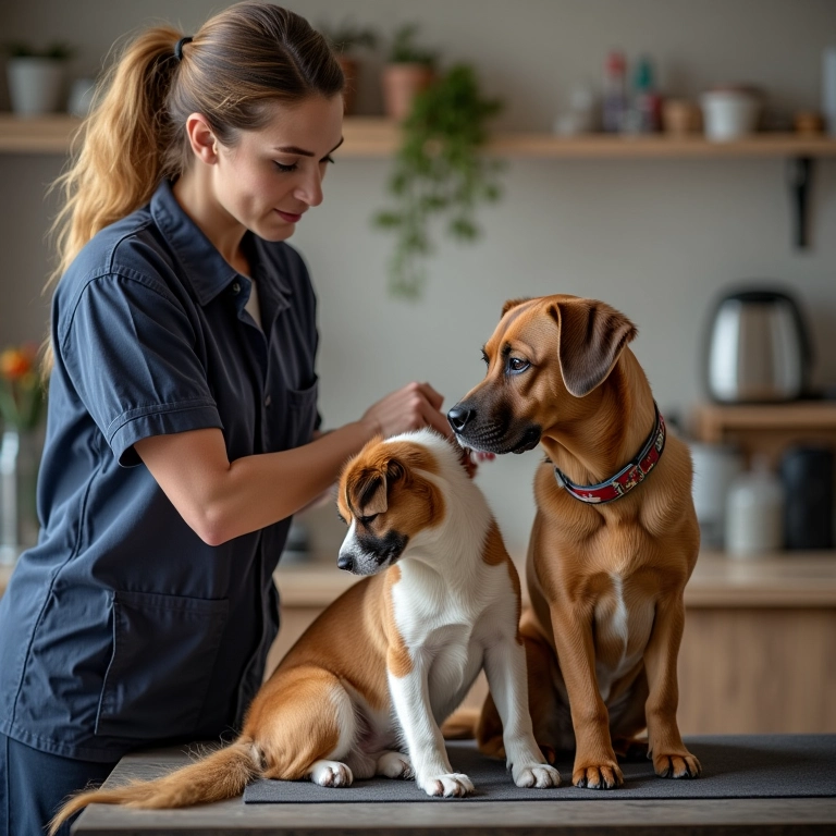 Tosador interagindo com cães de diferentes portes em salão de banho e tosa.