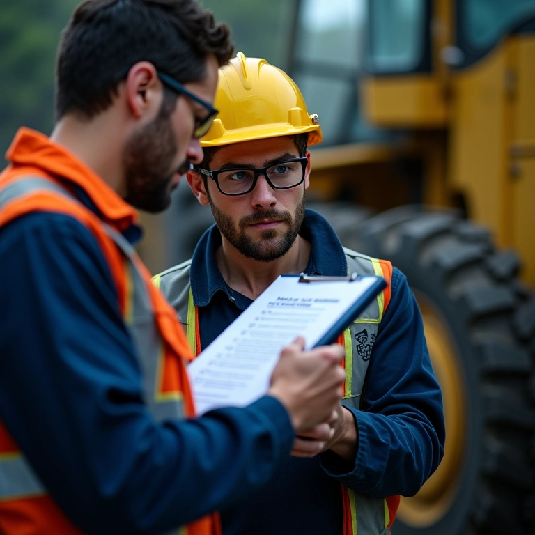 Trabalhador avaliando riscos em máquina industrial.