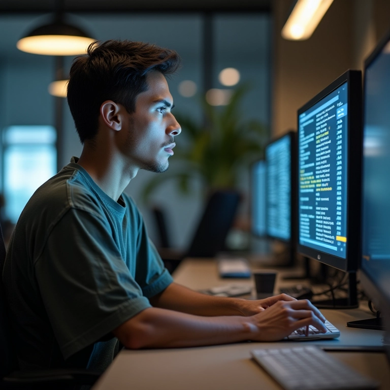 Trabalhador brasileiro fazendo horas extras em um escritório moderno.