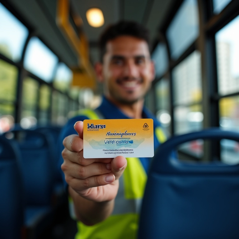 Trabalhador brasileiro indo para o trabalho de ônibus, com o vale-transporte.
