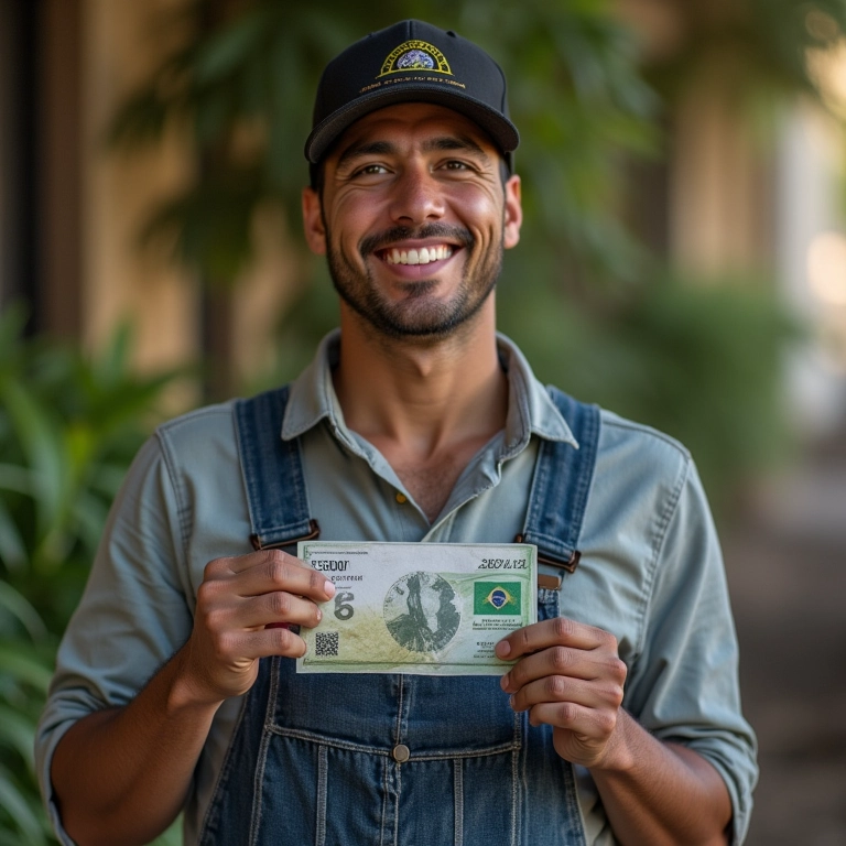 Trabalhador brasileiro sorrindo ao receber o décimo terceiro proporcional.