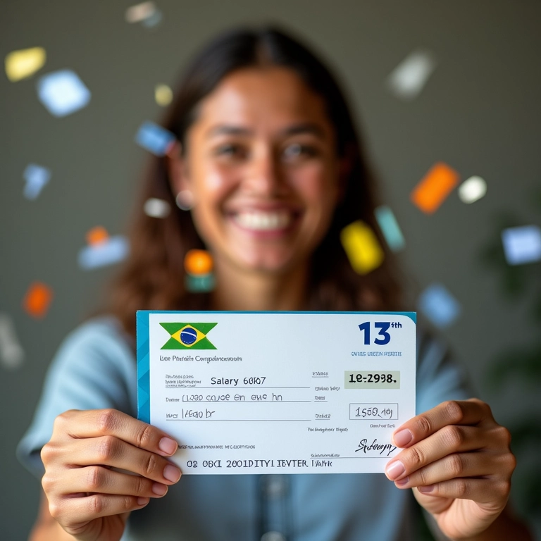 Trabalhador brasileiro sorrindo com o pagamento do 13º salário.