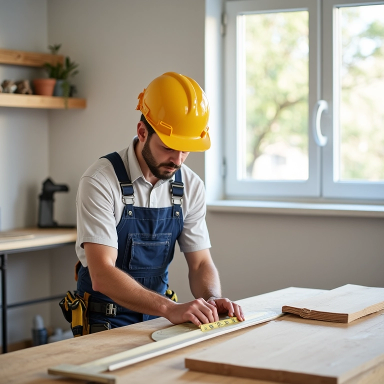 Trabalhador medindo materiais para evitar desperdício em reforma de apartamento.