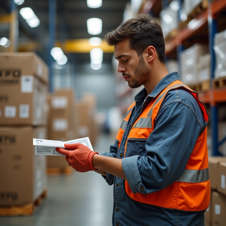 Trabalhador organizando estoque com etiquetas FIFO.