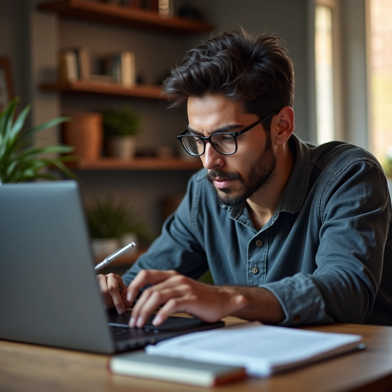 Trabalhador pesquisando leis sobre greve online para exercer o direito com segurança.