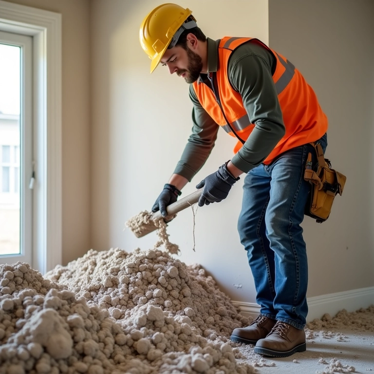 Trabalhador removendo entulho de reforma de apartamento, usando equipamento de segurança.