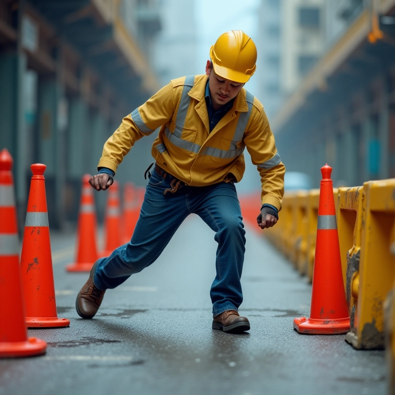 Trabalhador tropeçando em obstáculo não sinalizado.