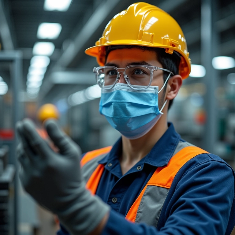 Trabalhador usando EPIs comuns em fábrica.