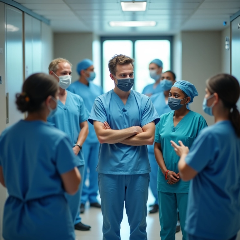 Trabalhadores da saúde em greve com pacientes necessitando de cuidados.