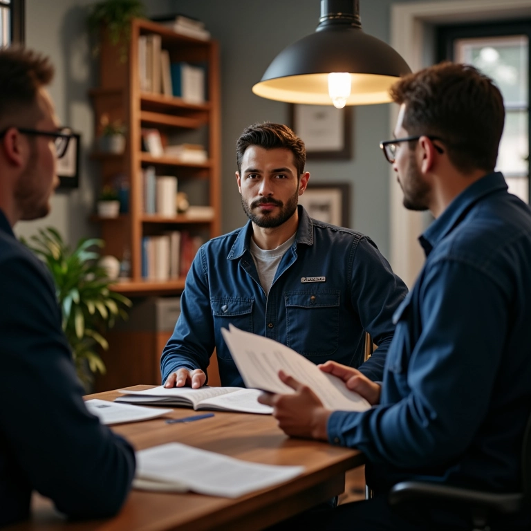 Trabalhadores discutindo os limites do direito de greve em escritório sindical.