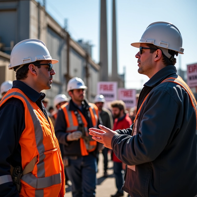 Trabalhadores organizando uma greve com cartazes e apoio do sindicato.
