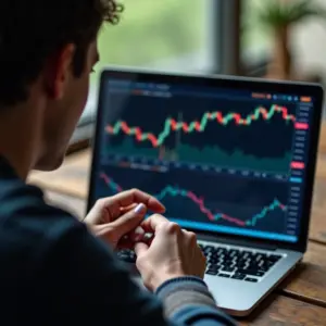 Trader iniciante apreensivo olhando para gráfico de mercado volátil.