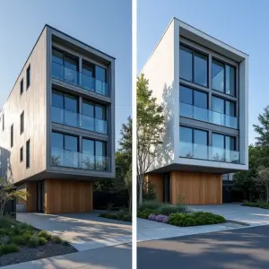 Transformação de fachada predial com retrofit, antes e depois.