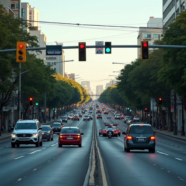 Trânsito fluindo sem acidentes em uma cidade brasileira, graças aos semáforos.