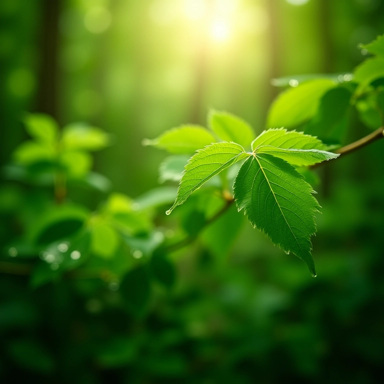 Transpiração de plantas em uma floresta exuberante, mostrando gotículas de água nas folhas.