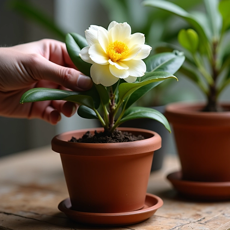 Transplantando camélia para um novo vaso.