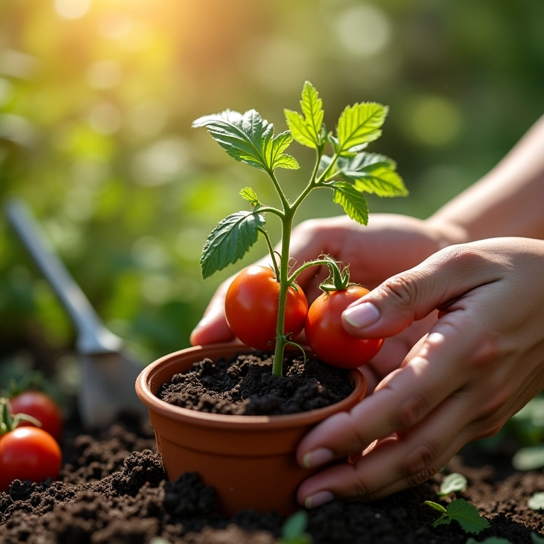 Transplantando muda de tomate italiano em vaso.