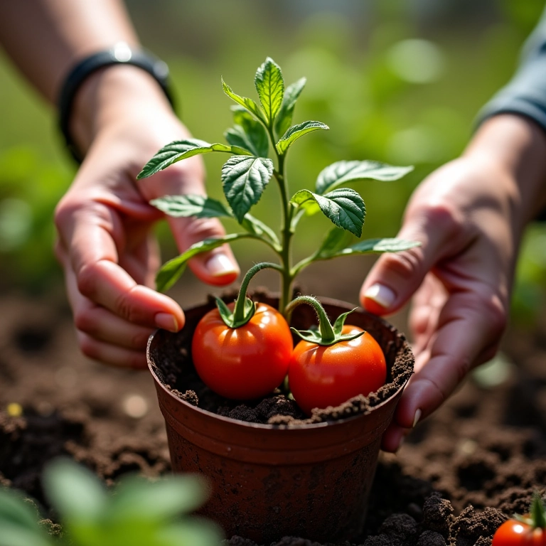 Transplantando mudas de tomate cereja.