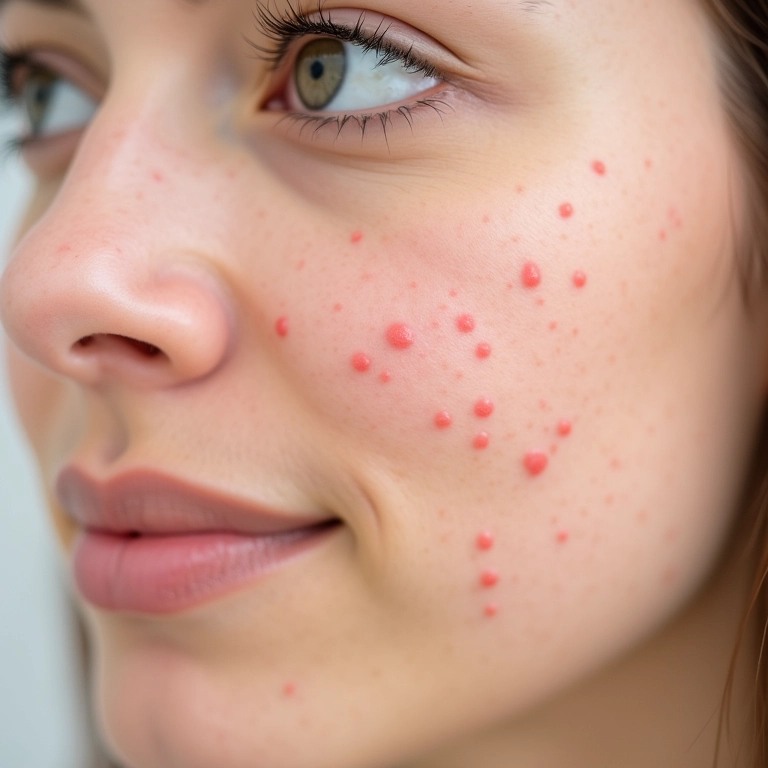 Tratamento de acne com peróxido de benzoíla, antes e depois.