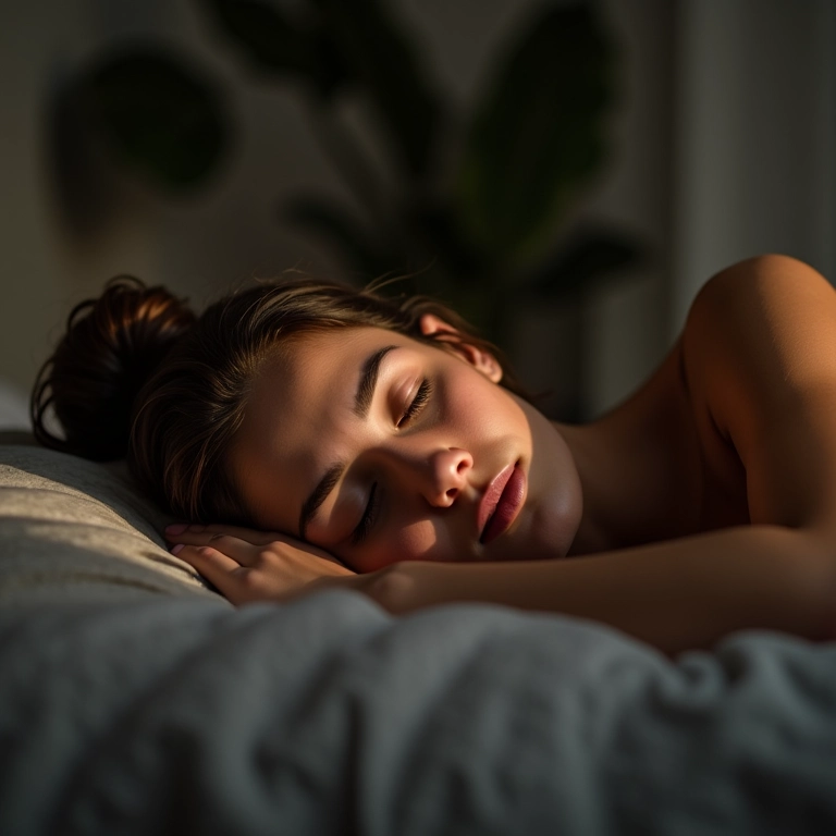 Tratamento de acupuntura para insônia com mulher descansando em quarto aconchegante.