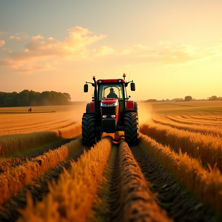 Trator arando um campo em uma paisagem rural durante a colheita.