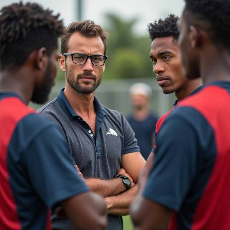 Treinador conversando com atletas sobre fair play, educando para o esporte.