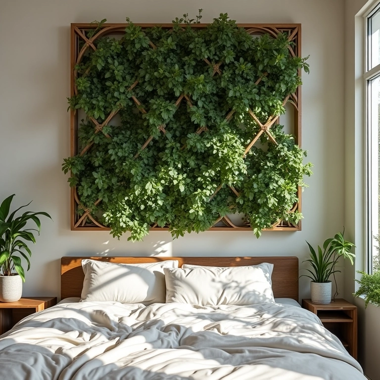 Treliças suportando jardim vertical em quarto.