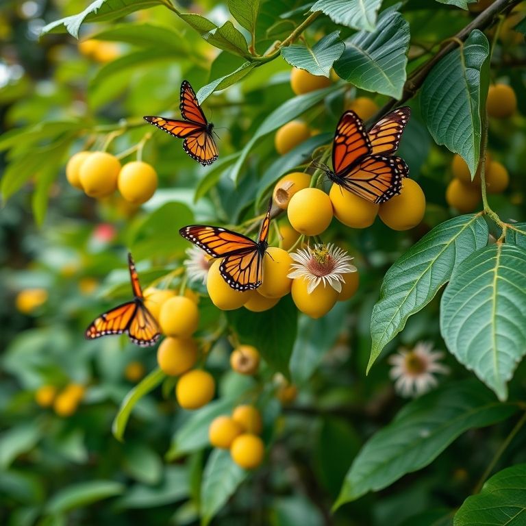 Trepadeira de maracujá com borboletas.
