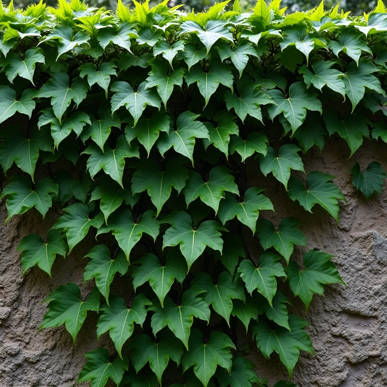 Trepadeira Hera elegante caindo em cascata por uma parede de jardim.