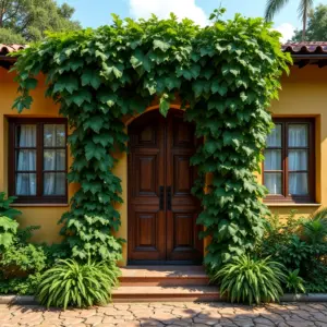 Trepadeira sete léguas exuberante cobrindo a fachada de uma casa brasileira colorida.
