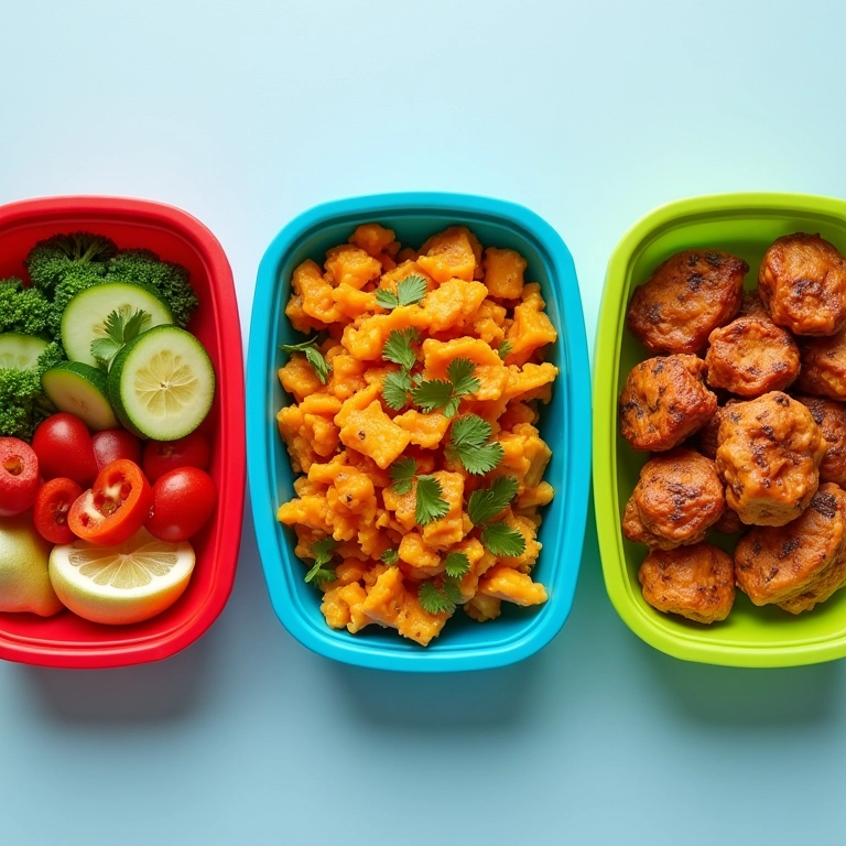 Três marmitas coloridas com diferentes refeições: salada, refogado e proteína.