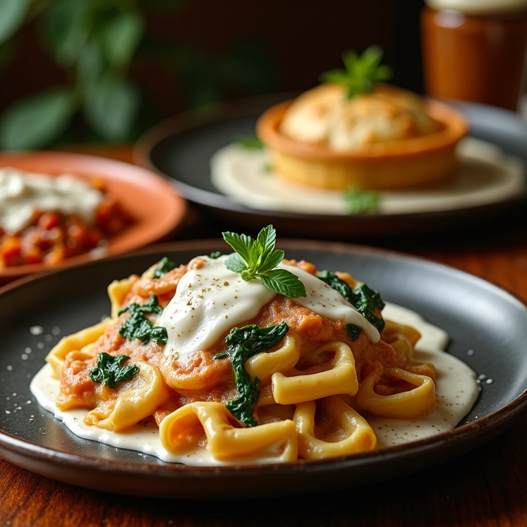 Três pratos diferentes com molho branco e requeijão: lasanha, nhoque e torta de frango.