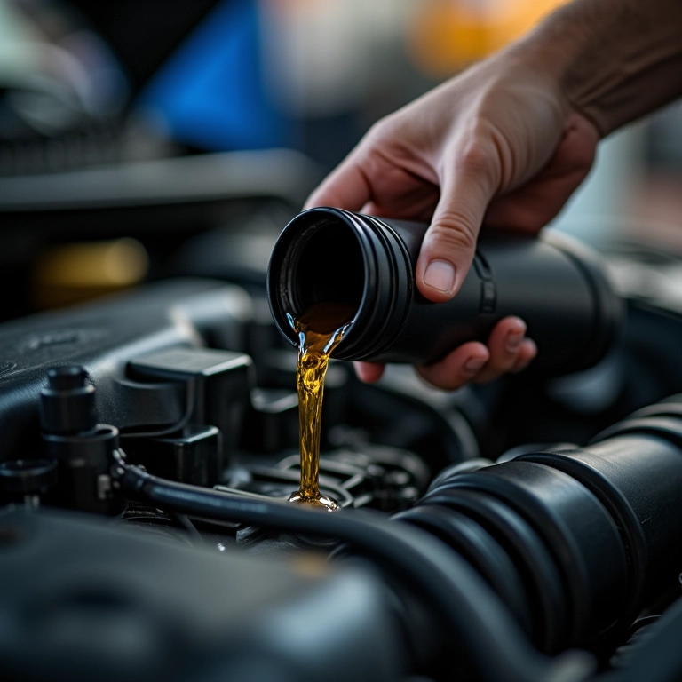 Troca de óleo do motor de um carro durante a revisão de 20.000 km.