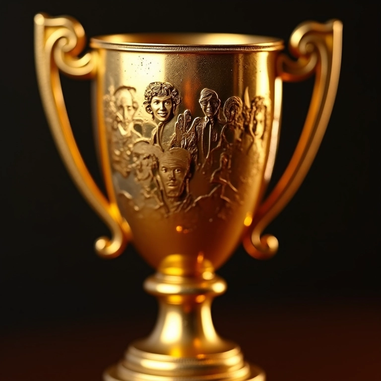 Troféu dourado refletindo rostos diversos, simbolizando que o sucesso nem sempre é mérito exclusivo.