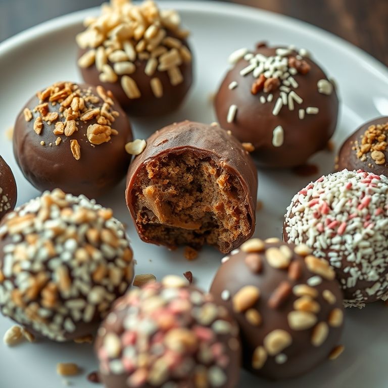 Trufas de chocolate com diferentes coberturas em prato branco.