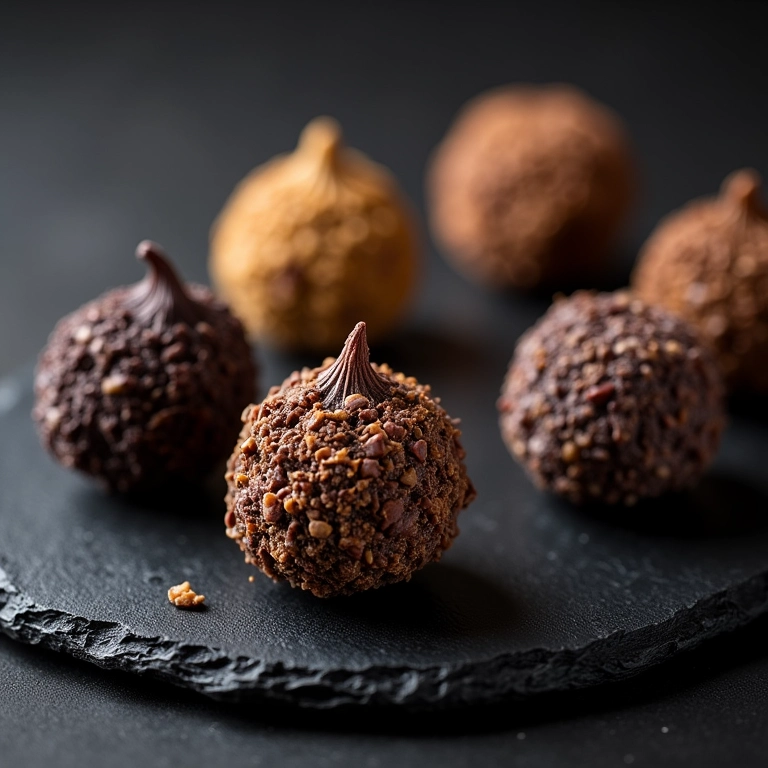 Trufas de diversos sabores em um prato de ardósia.