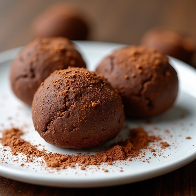Trufas low carb de cacau em prato branco, polvilhadas com cacau.