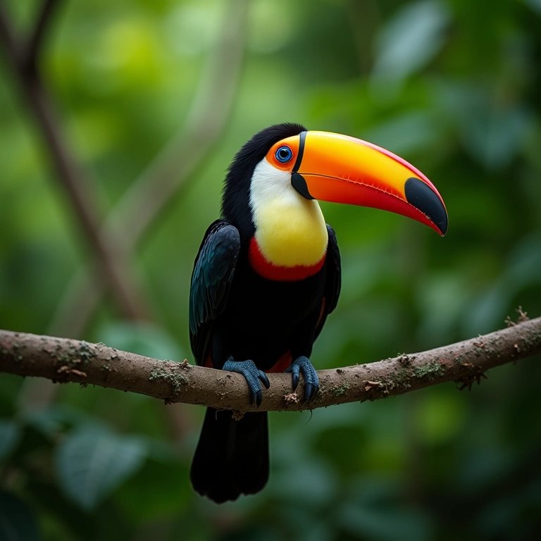 Tucano vibrante pousado em um galho na Mata Atlântica.