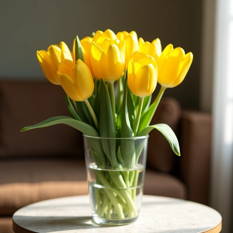 Tulipas amarelas em vaso iluminando sala com decoração brasileira.