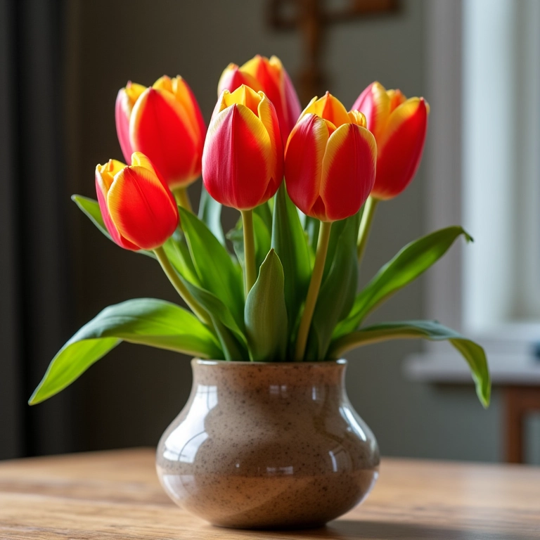 Tulipas em vaso decorativo em casa.