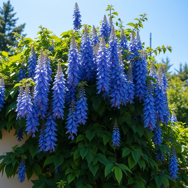 Tumbérgia-azul cobrindo uma treliça com flores azuis vibrantes.