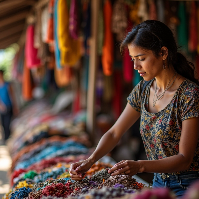Turista comprando artesanato local em um mercado vibrante no Brasil.