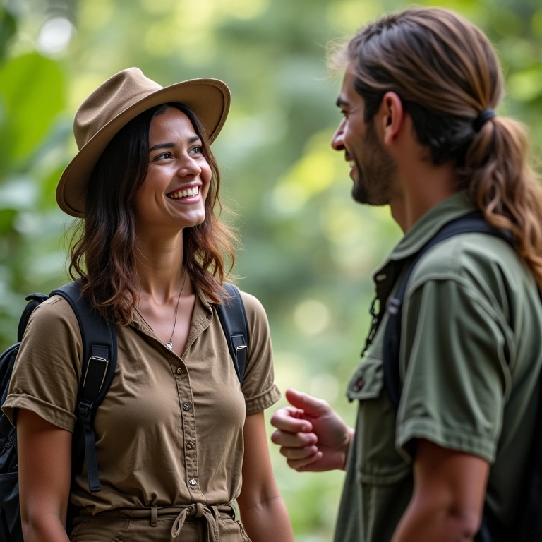 Turista engajado conversando com guia local sobre turismo sustentável.