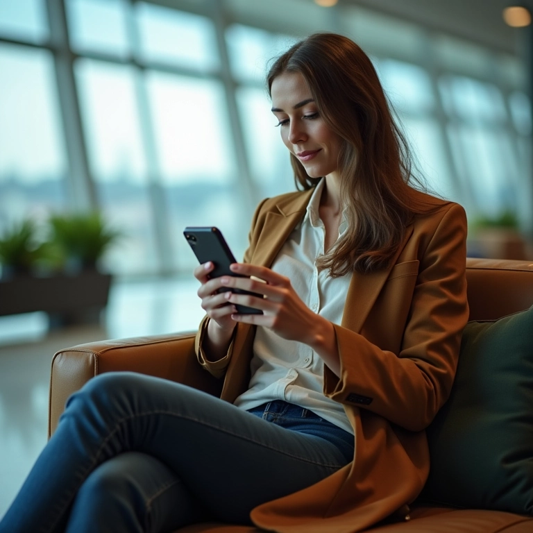 Turista usando app de compensação de carbono em aeroporto sustentável.