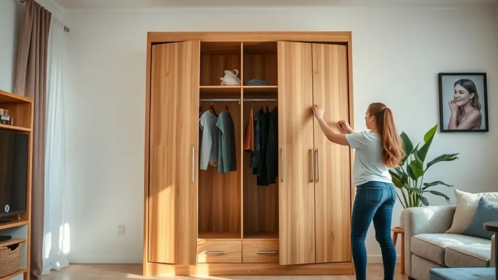 Two friends, one male and one female, collaboratively disassembling a large wardrobe in a brightly Duas pessoas desmontando guarda-roupa juntas. Peça ajuda e torne o trabalho mais fácil!