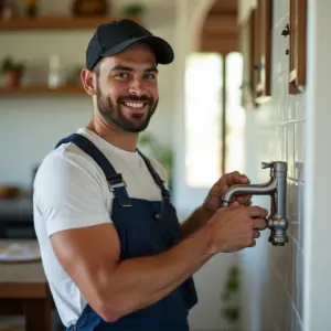 Profissional Faz Tudo Reparos Residenciais Pode Ser MEI Um profissional 'faz tudo' consertando uma torneira em uma casa com decoração brasileira vibrante.