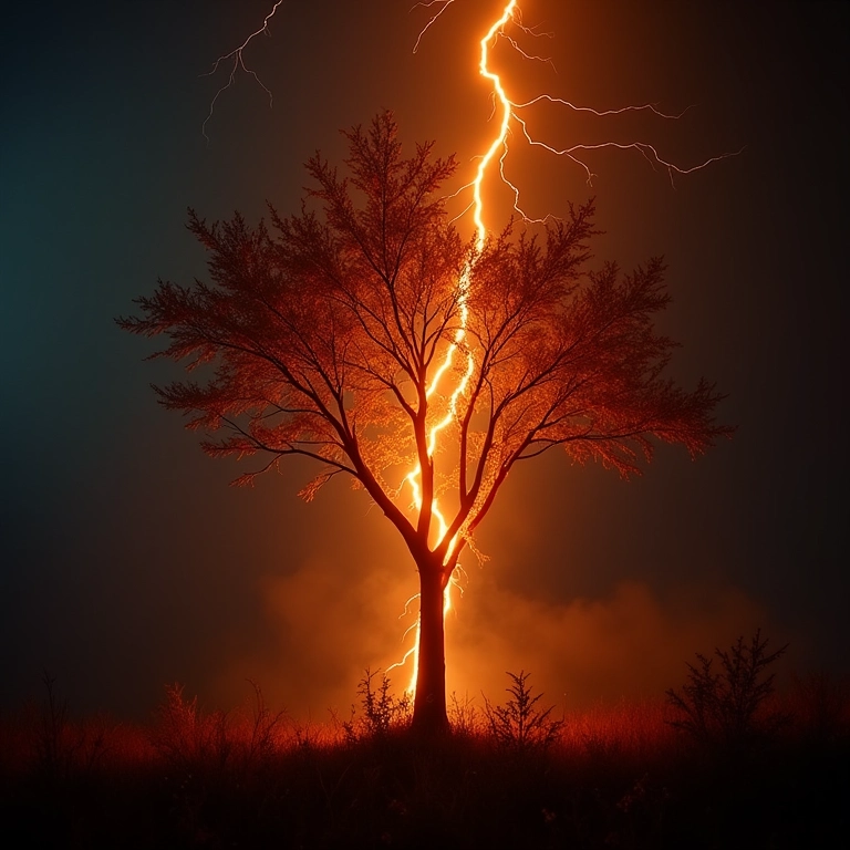 Um raio atingindo uma árvore e causando um incêndio natural.