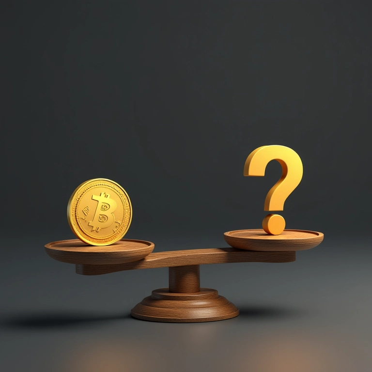 Uma balança equilibrada com uma moeda de ouro de um lado e um ponto de interrogação do outro.